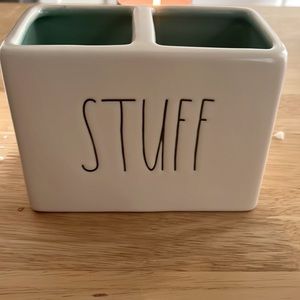 NEW- -Rae Dunn "Stuff"; ivory outside, teal inside